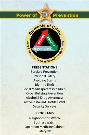 Presentations: Burglary Prevention, Personal Safety, Avoiding Scams, Identity Theft, Social Media, Cyber Bullying Prevention, Alcohol & Drug Awareness, Active Assailant Hostile Event, Security Surveys; Programs: Neighborhood Watch, Business Watch, Operation Medicine Cabinet, Safety Net